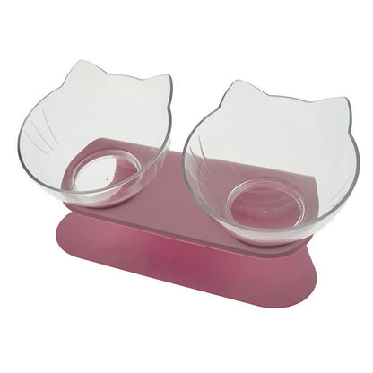 Transparent cat head double bowl set for stylish and comfortable pet mealtime experience.