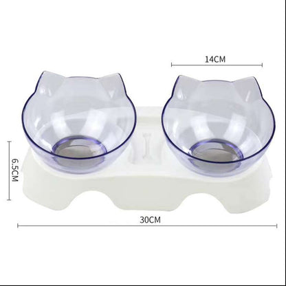 Transparent cat head double bowl set for pets, featuring a 15° tilt design for comfort and convenience.