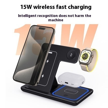 15W 3 In 1 LED Fast Wireless Charger Stand Foldable Charging Station For Smart Phone 15 14 13 12 11 I Watch 9 8 7 6 5 Airpods Pro