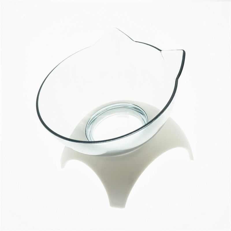 Transparent cat head bowl set for stylish pet dining with a comfortable 15° tilt design.