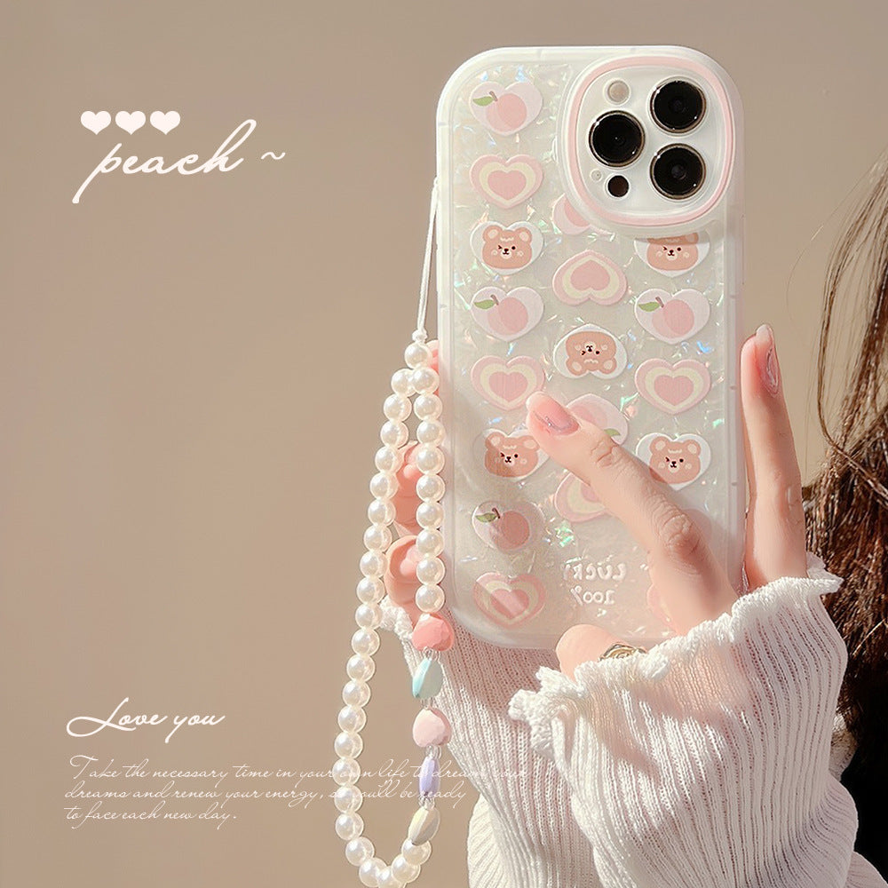 Peach Love Bear Pearl Chain Phone Case - Mind Meadow