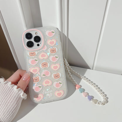 Peach Love Bear Pearl Chain Phone Case - Mind Meadow