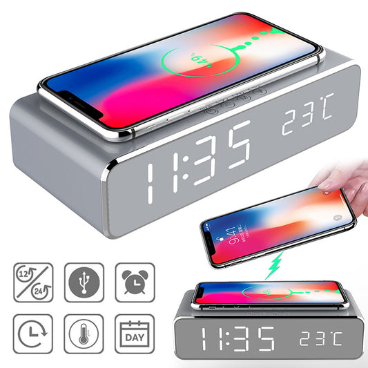 LED Electric Alarm Clock With Wireless Charger Desktop Digital Despertador Thermometer Clock HD Mirror Clock Watch Table Decor - Mind Meadow