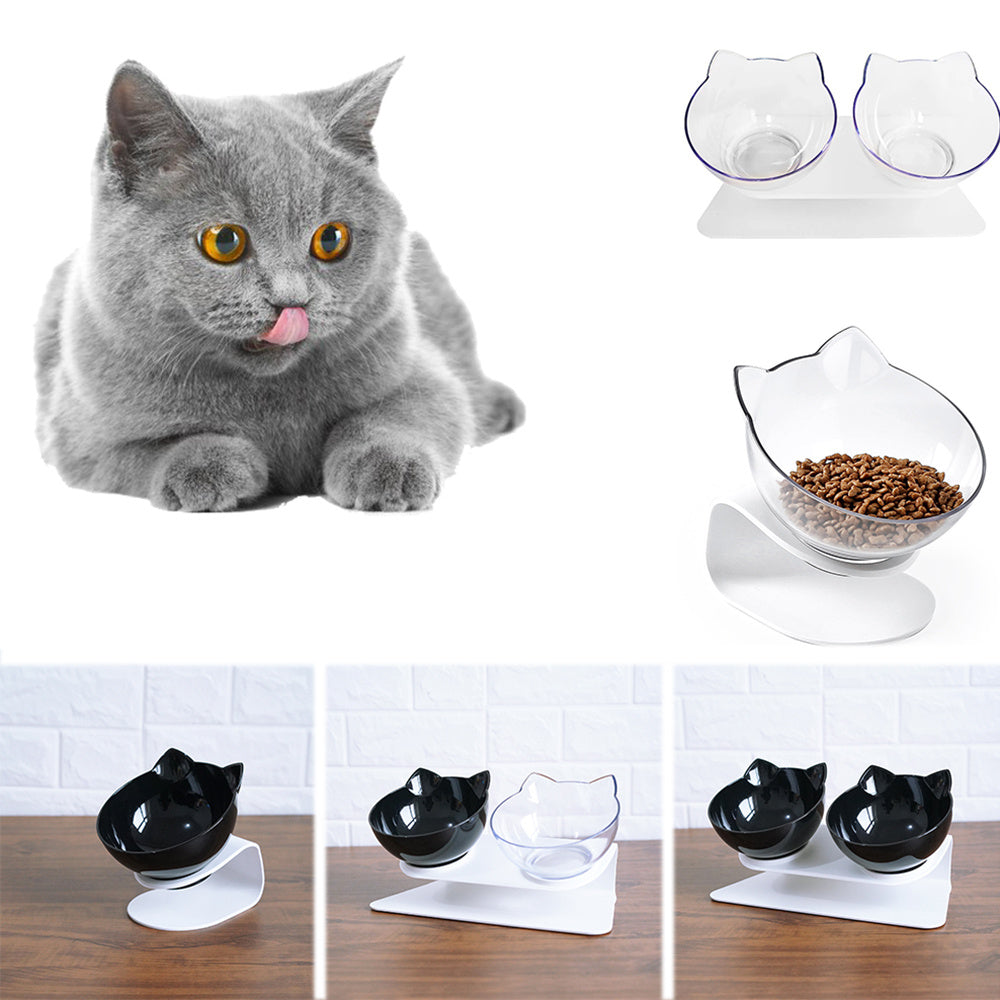 Cat enjoying mealtime with Whisker Wonderland Bowl Set, featuring dual cat-head bowls and a stylish design.