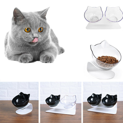 Cat enjoying mealtime with Whisker Wonderland Bowl Set, featuring dual cat-head bowls and a stylish design.