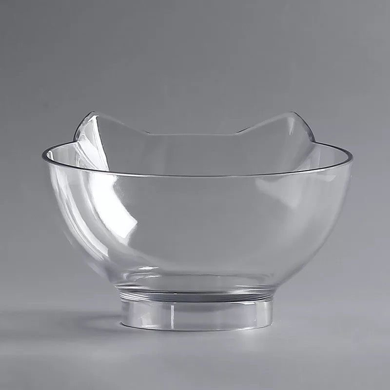 Transparent cat head bowl for pets, designed for comfort and style with a unique 15° tilt.