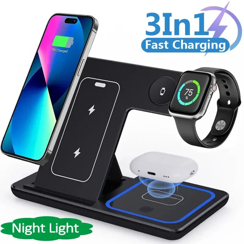 15W 3 In 1 LED Fast Wireless Charger Stand Foldable Charging Station For Smart Phone 15 14 13 12 11 I Watch 9 8 7 6 5 Airpods Pro